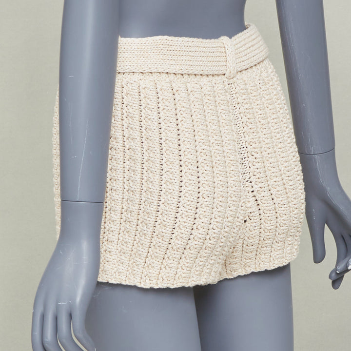 CHANEL 2025 Runway beige chain buckle belted textured ribbed knit shorts FR34 XS