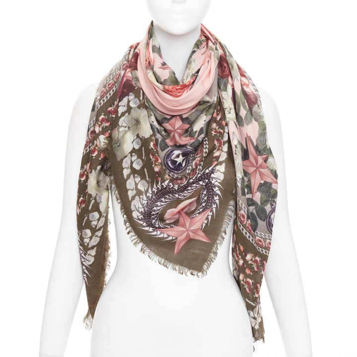 GIVENCHY Riccardo Tisci pink olive green wool silk rose print fringed trim scarf