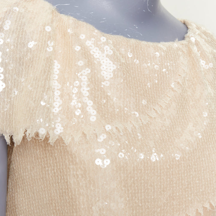 CHANEL Bridal 08P beige sequinned raw edge asymmetric capelet shift dress FR36 S