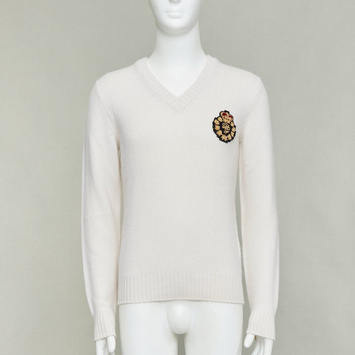 DOLCE GABBANA cream cashmere gold varsity badge v-neck sweater IT46 S