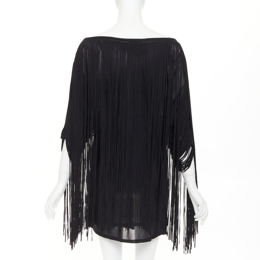 3.1 PHILLIP LIM black rayon long fringe bateau neck sheer overlay mini dress M