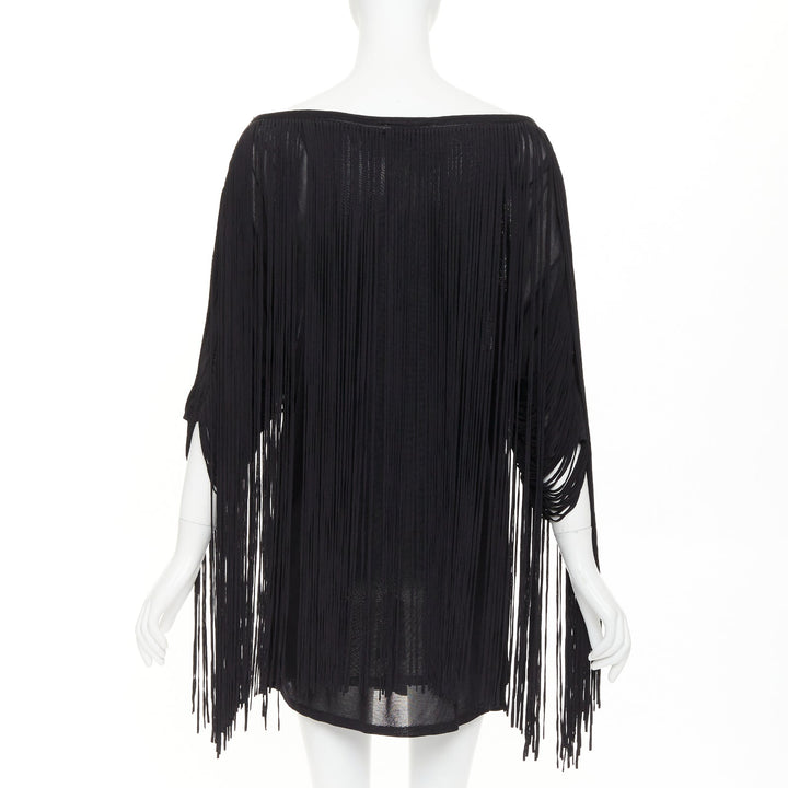 3.1 PHILLIP LIM black rayon long fringe bateau neck sheer overlay mini dress M