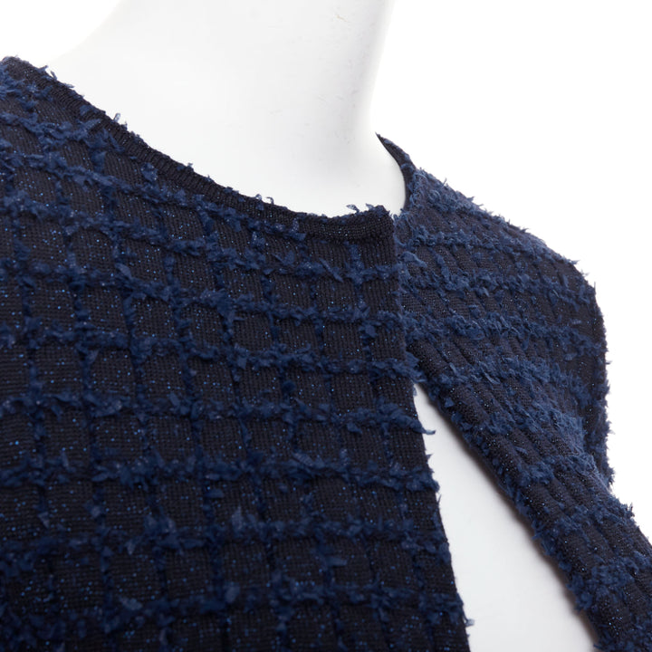 OSCAR DE LA RENTA 2023 navy blue wool tweed sequin fringe hem jacket XS
