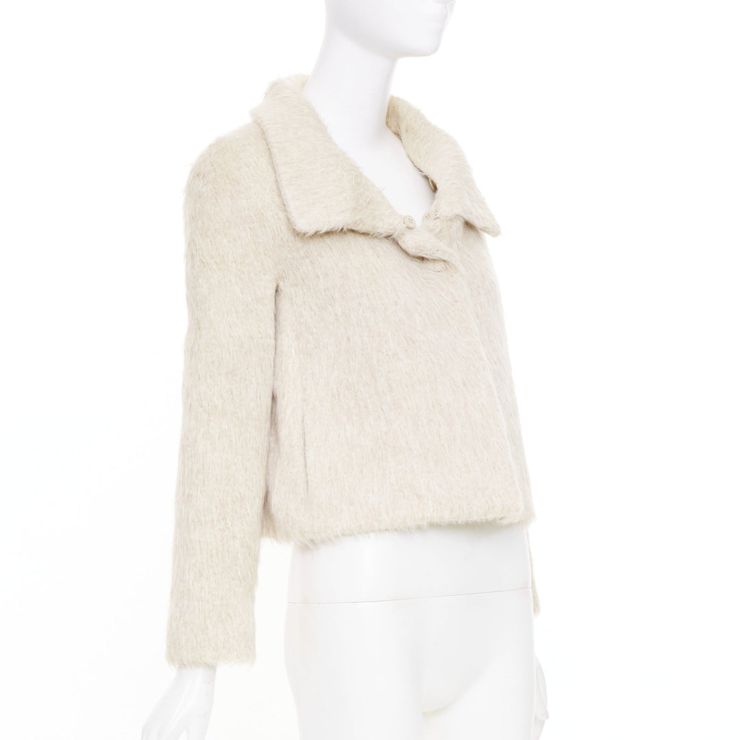 CHLOE Pierre cream fuzzy viscose single tortoiseshell button crop jacket FR34 XS