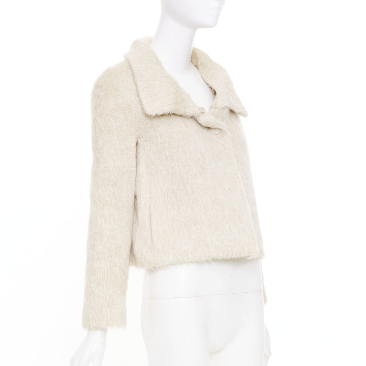 CHLOE Pierre cream fuzzy viscose single tortoiseshell button crop jacket FR34 XS