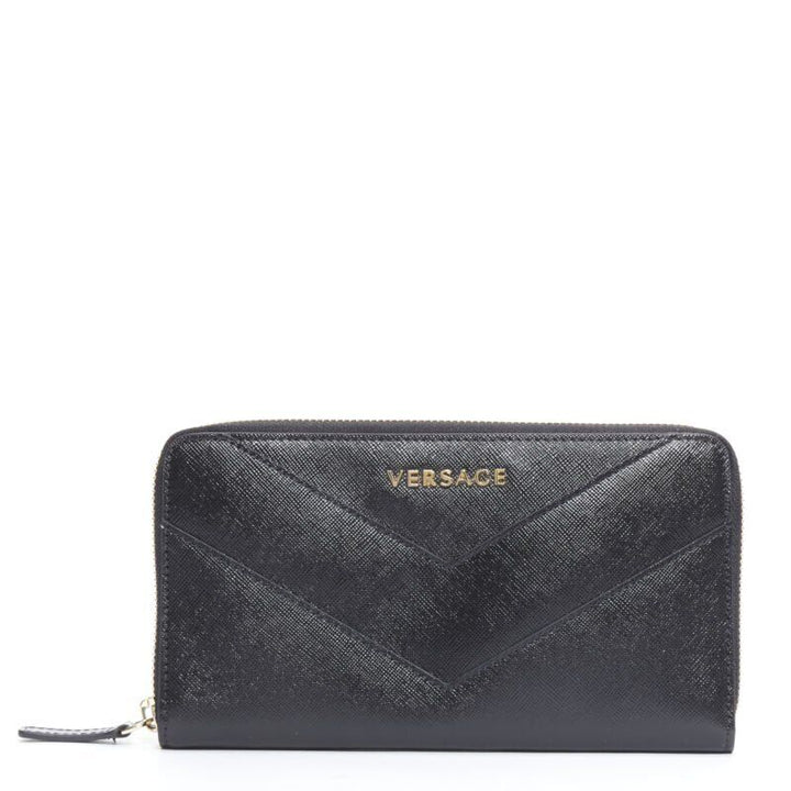 VERSACE black saffiano leather gold logo V stitch continental long wallet