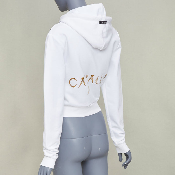 ROBERTO CAVALLI 2022 white cotton crystal embellish snake chain crop hoodie  XS