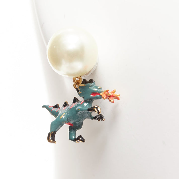 rare DIOR Tribale pearl green dragon dinosaur charm pin earrings pair