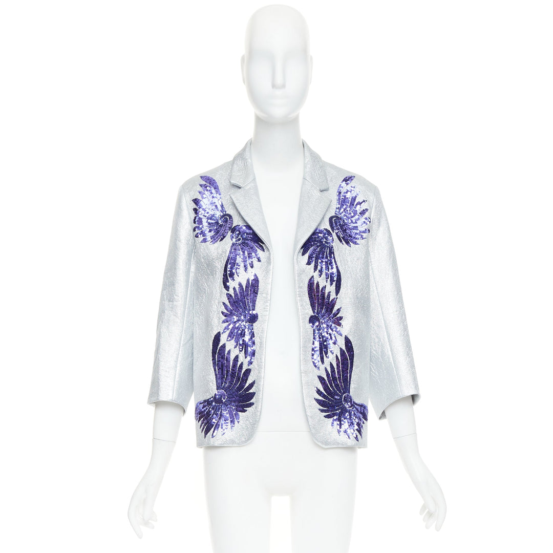 DRIES VAN NOTEN 2016 Runway metallic silver purple sequin wing blazer FR34 XS