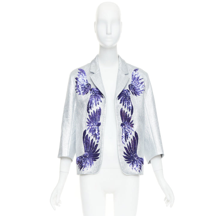 DRIES VAN NOTEN 2016 Runway metallic silver purple sequin wing blazer FR34 XS