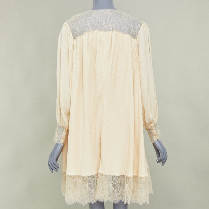 CHANEL ivory sheer silk georgette floral lace trim beach duster robe FR38 M