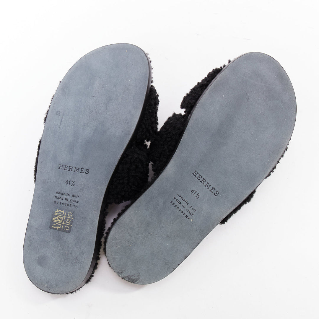 HERMES Oran black shearling H cut out flat block sandals EU41.5