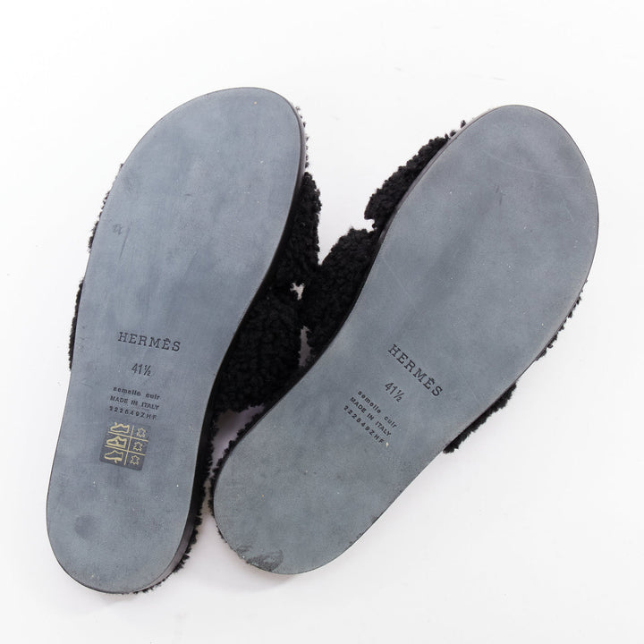 HERMES Oran black shearling H cut out flat block sandals EU41.5