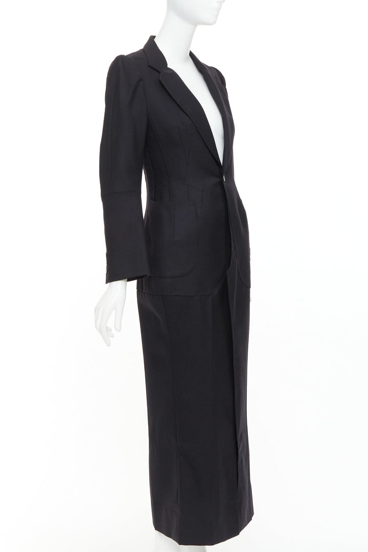 JUNYA WATANABE 2012 Runway black wool deconstruced panelled long fitted coat S