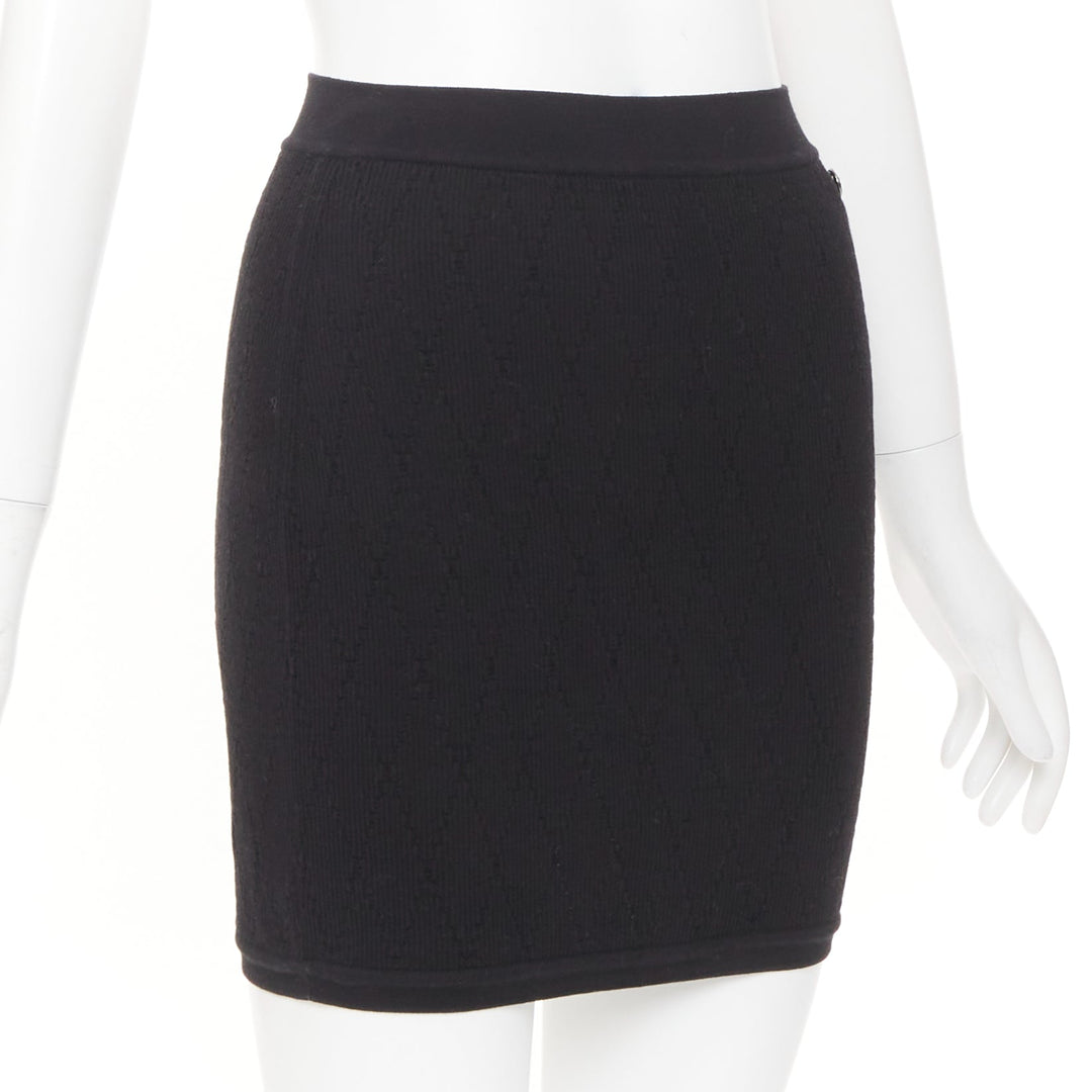 CHANEL black cotton diamond stitch knit cc resin logo button skirt FR34 XS