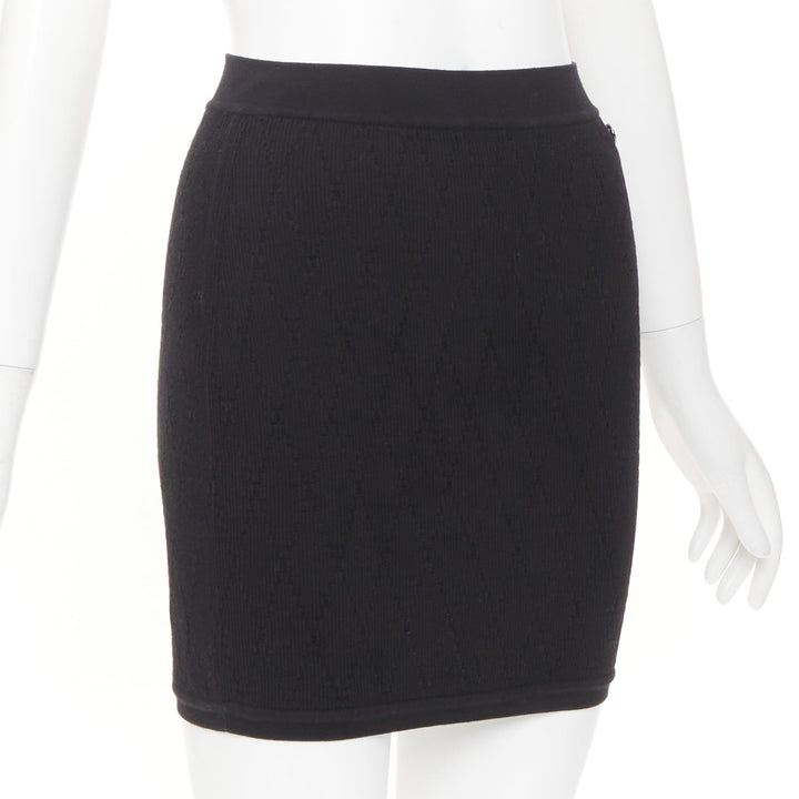 CHANEL black cotton diamond stitch knit cc resin logo button skirt FR34 XS