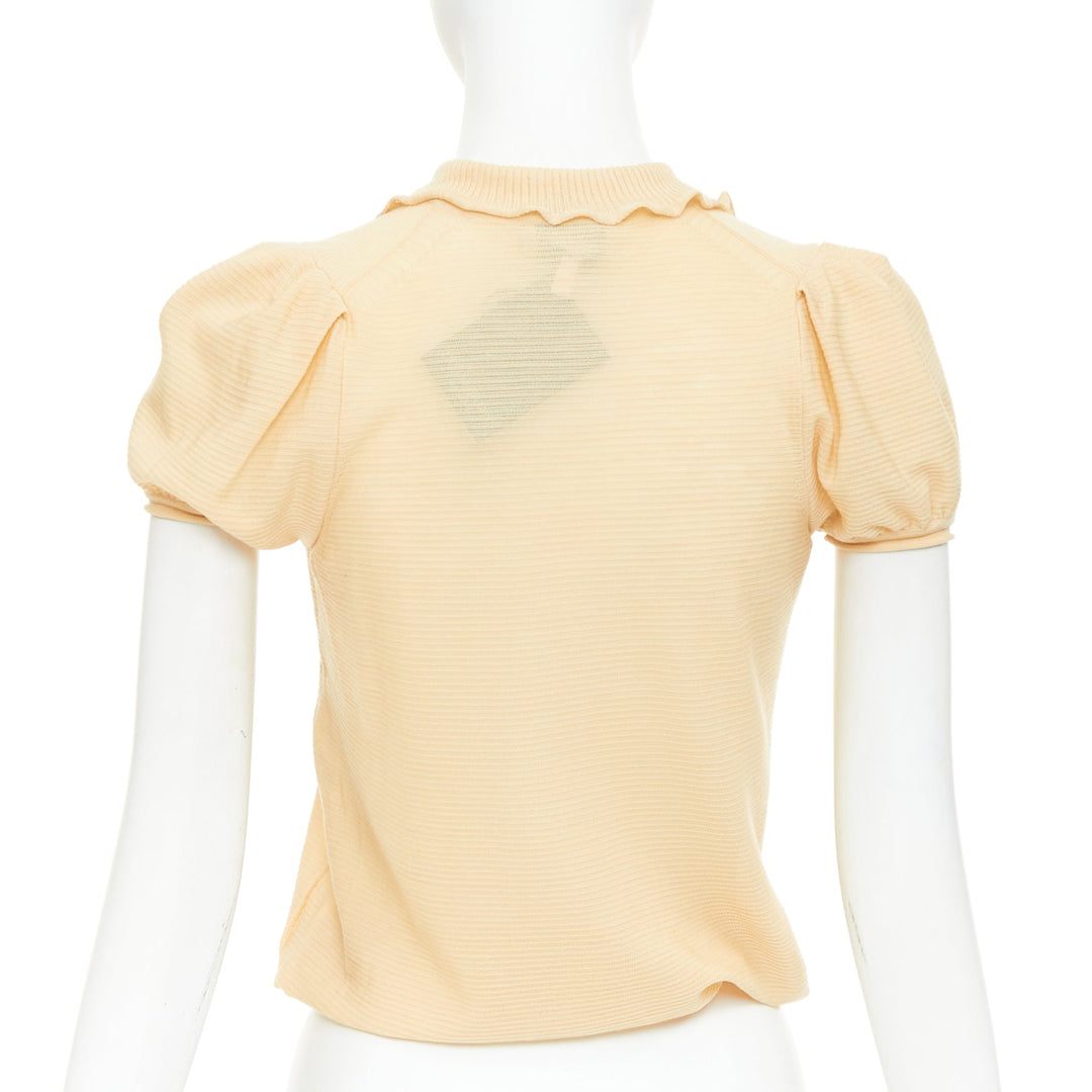 YVES SAINT LAURENT Rive Gauche beige wool pom pom button puff sleeve blouse XS