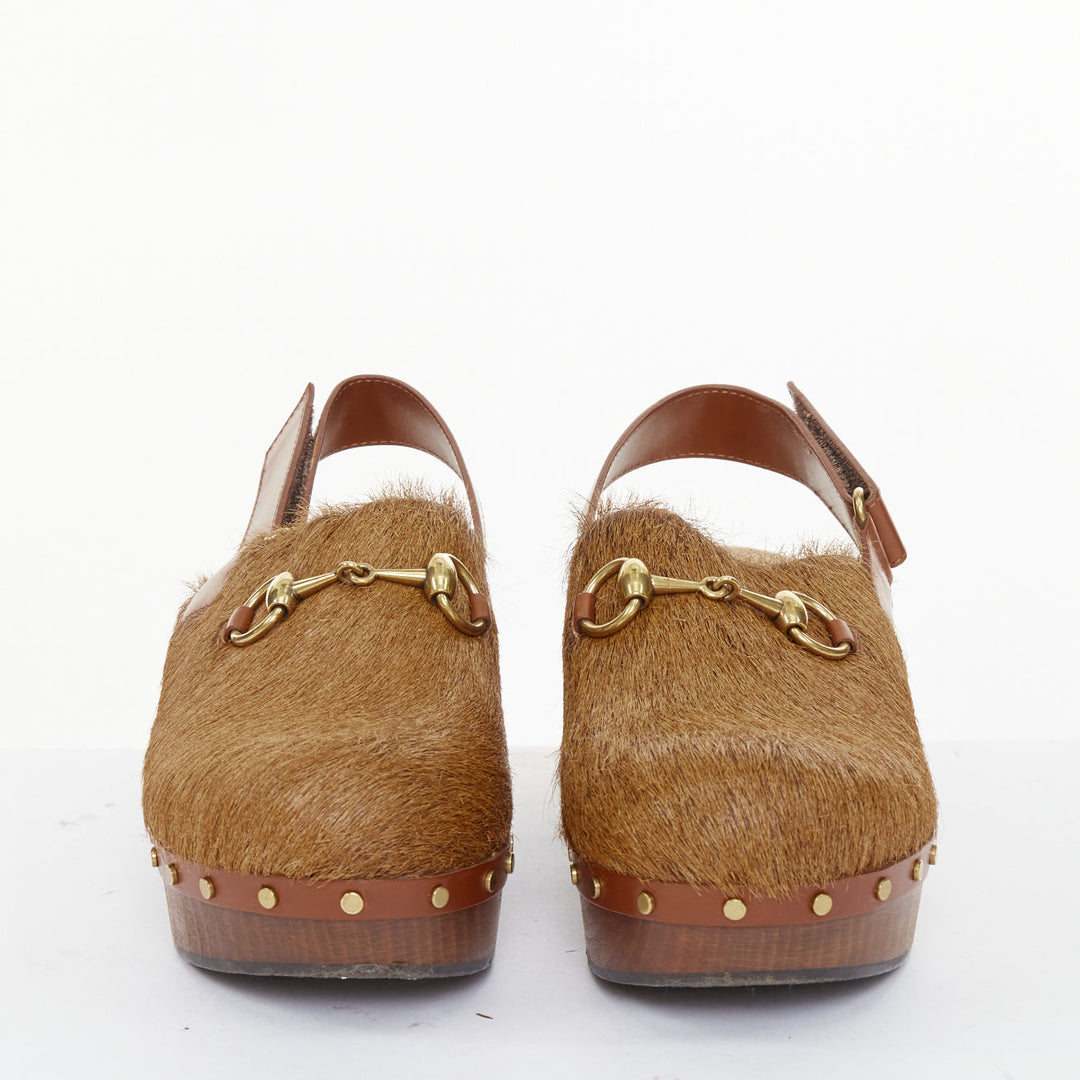GUCCI 2015 brown calf hair horsebit studded slingback wood clogs EU38