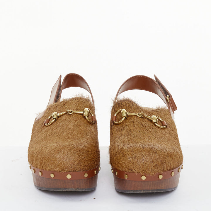 GUCCI 2015 brown calf hair horsebit studded slingback wood clogs EU38