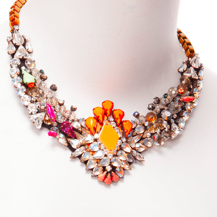 SHOUROUK neon orange pink clear crystals multi jewel short necklace