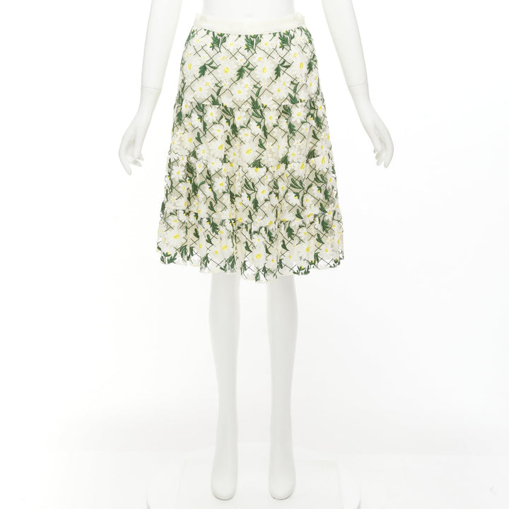 GIAMBATTISTA VALLI white green embroidered daisy cotton blend midi skirt IT38 XS
