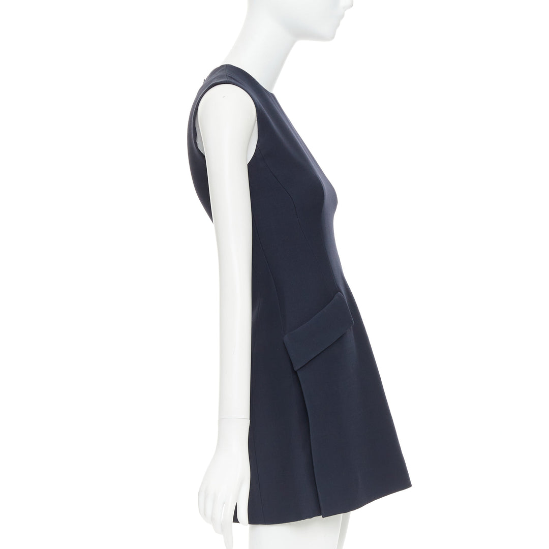 DIOR navy wool silk flap pocket darted slit sided sleeveless Aline dress FR34 XS