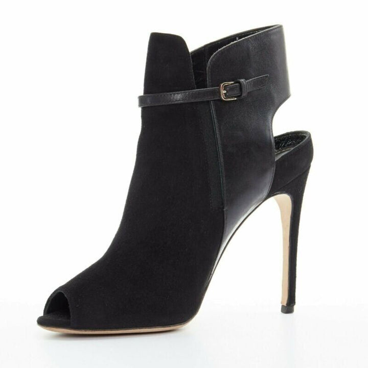 SERGIO ROSSI black suede leather strap buckle peep toe heel ankle bootie EU37