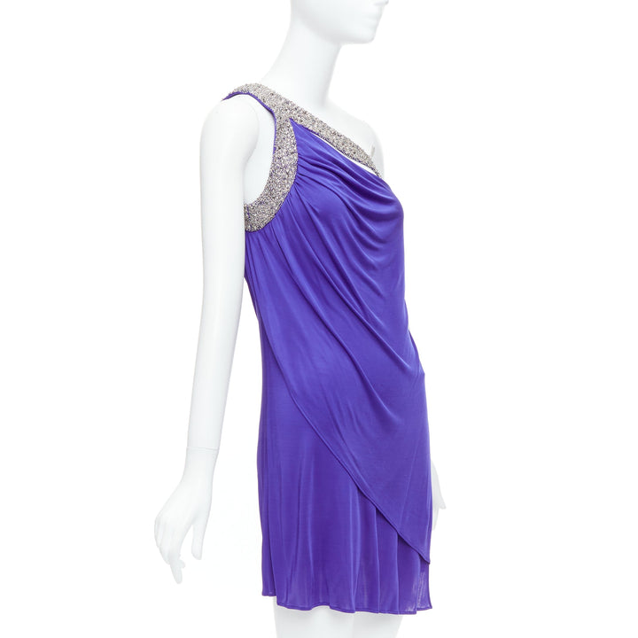 EMILIO PUCCI purple silver beaded neck one shoulder tiered dress IT38 XS