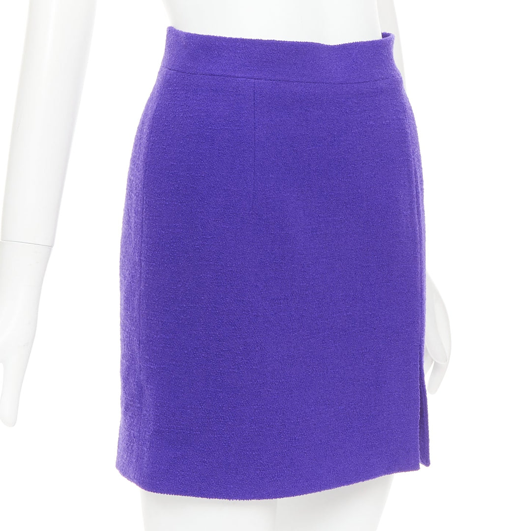 ALESSANDRA RICH royal purple virgin wool boucle front slit mini skirt IT38 XS