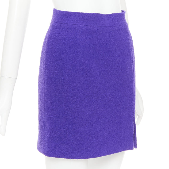 ALESSANDRA RICH royal purple virgin wool boucle front slit mini skirt IT38 XS