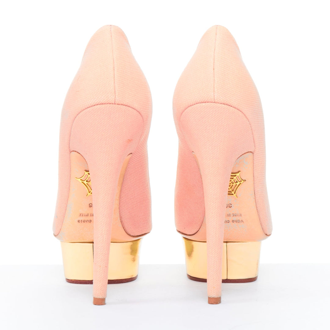 CHARLOTTE OLYMPIA Dolly beige canvas gold island metallic platform pumps EU36