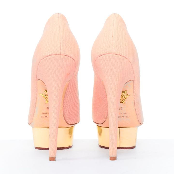 CHARLOTTE OLYMPIA Dolly beige canvas gold island metallic platform pumps EU36