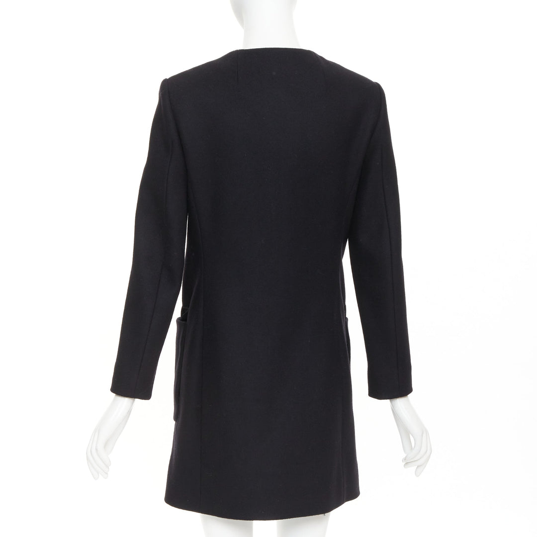 THE ROW black virgin wool blend collarless zip long coat US2 S