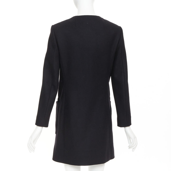 THE ROW black virgin wool blend collarless zip long coat US2 S