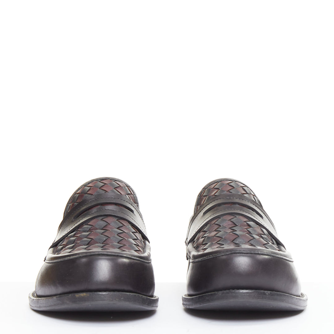 BOTTEGA VENETA Intrecciato black burgundy woven leather penny loafers EU43