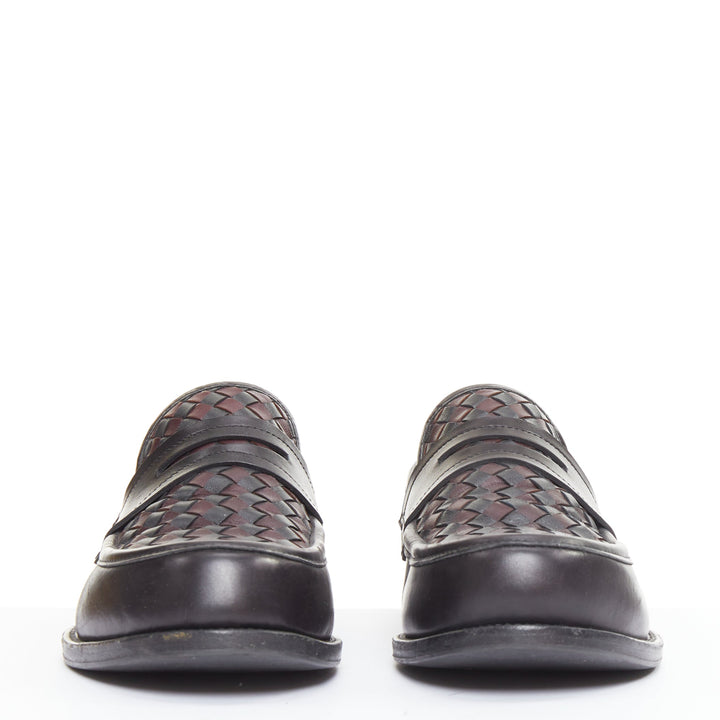 BOTTEGA VENETA Intrecciato black burgundy woven leather penny loafers EU43