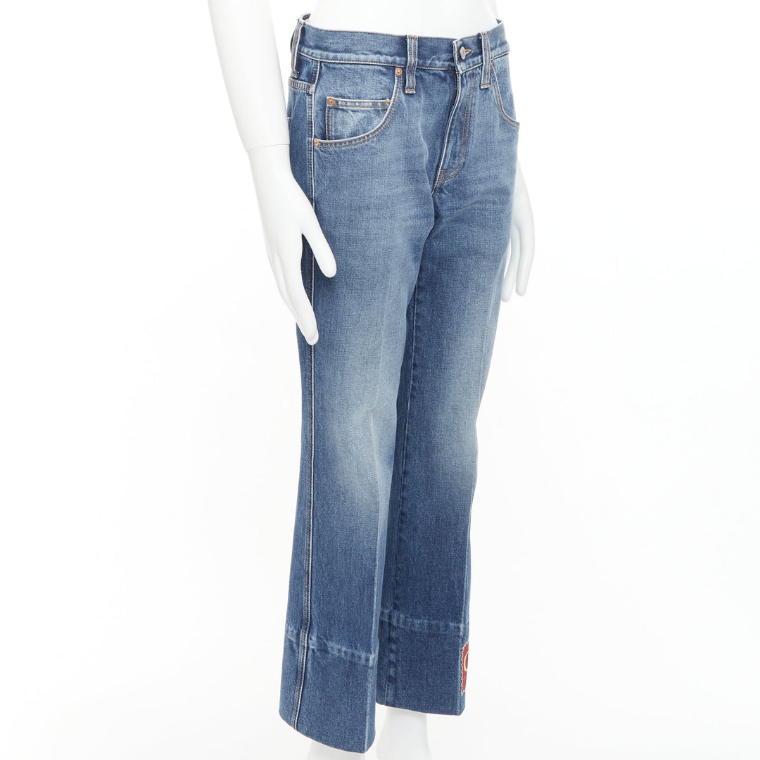 GUCCI Alessandro Michele blue washed cotton red logo patch flared jeans 28"