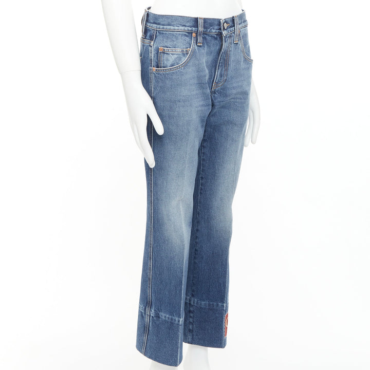 GUCCI Alessandro Michele blue washed cotton red logo patch flared jeans 28"