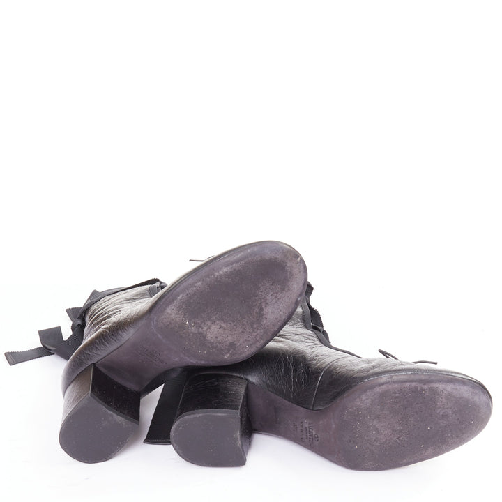 VALENTINO 2016 Runway black crinkled leather ribbon lace ballet booties EU37.5