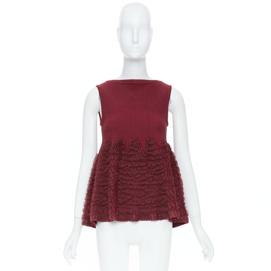ALAIA burgundy ribbed tiered ruffle wool blend peplum top FR36 S