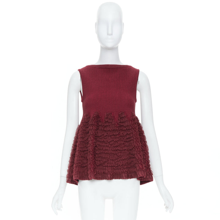ALAIA burgundy ribbed tiered ruffle wool blend peplum top FR36 S