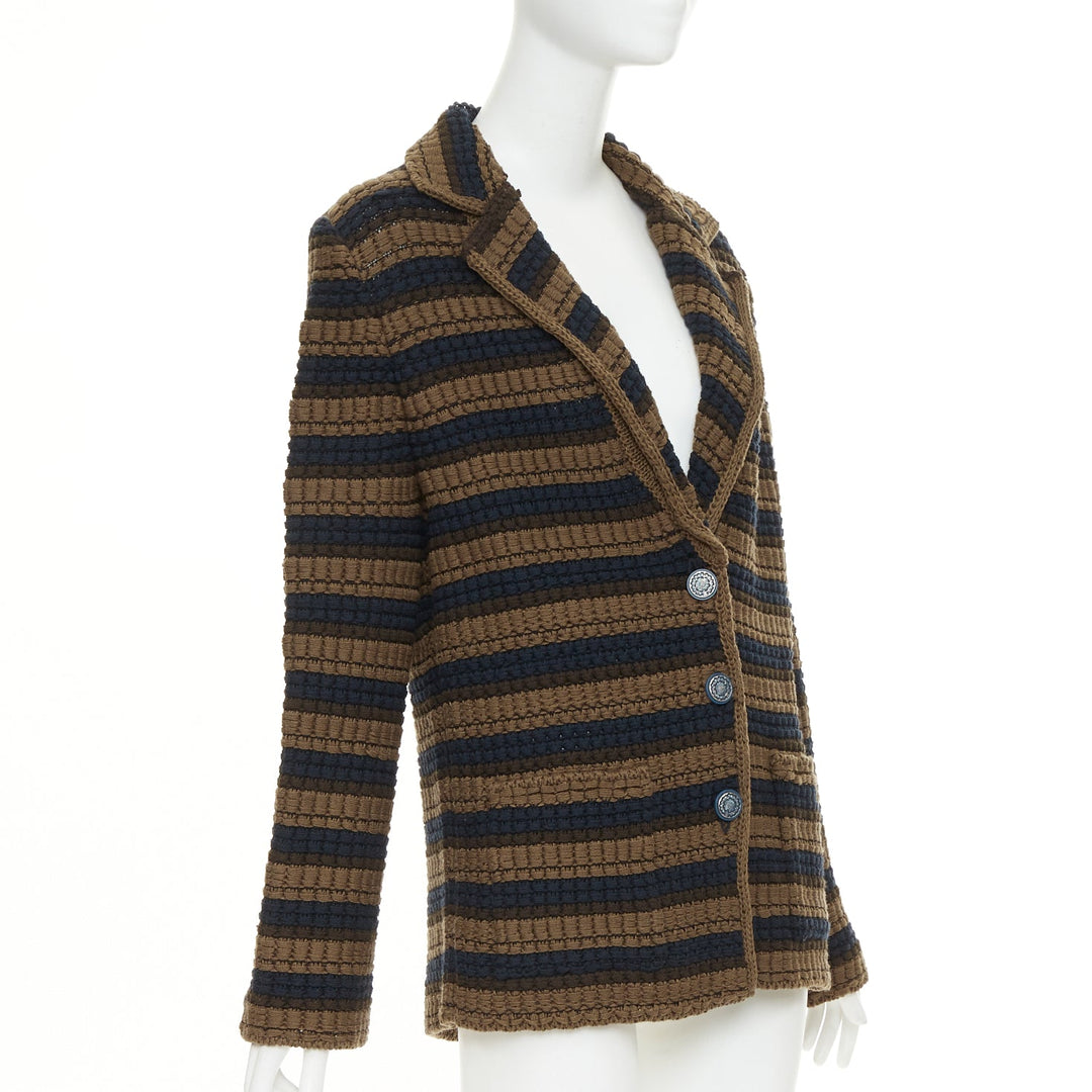 CHANEL striped textured knit brown navy wool cotton jacket FR36 S