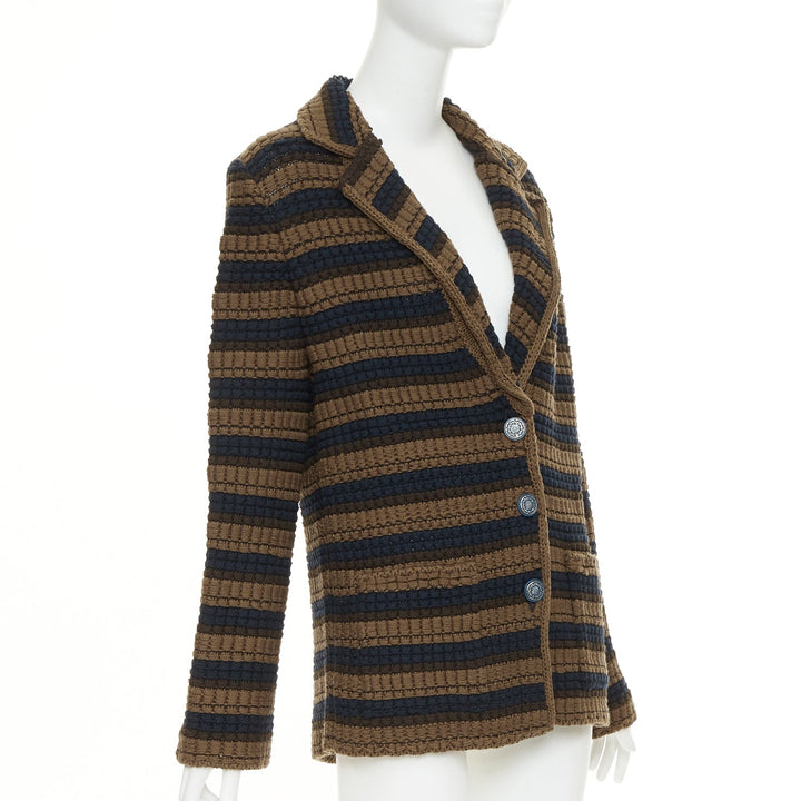 CHANEL striped textured knit brown navy wool cotton jacket FR36 S