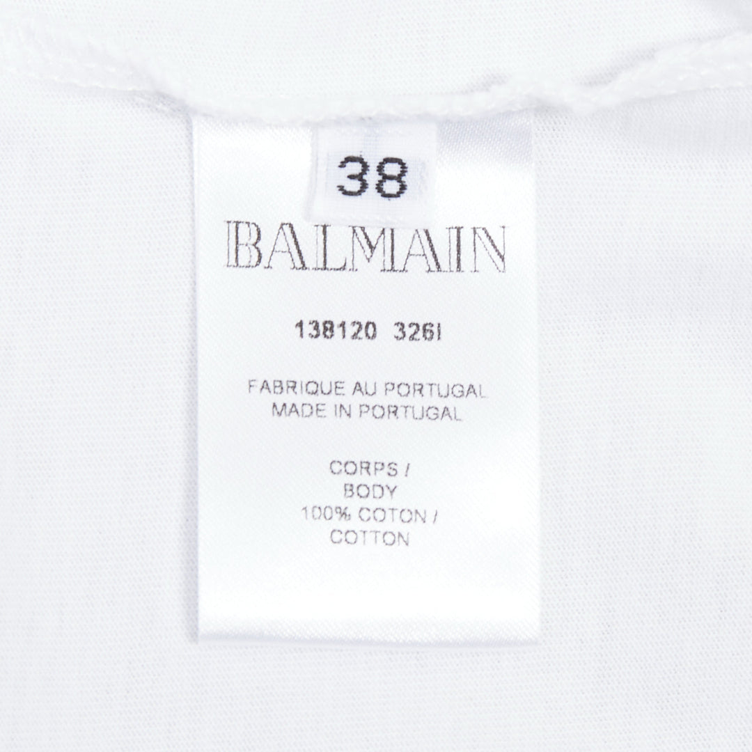 BALMAIN white metallic gold foil logo print button shoulder tshirt FR38 M