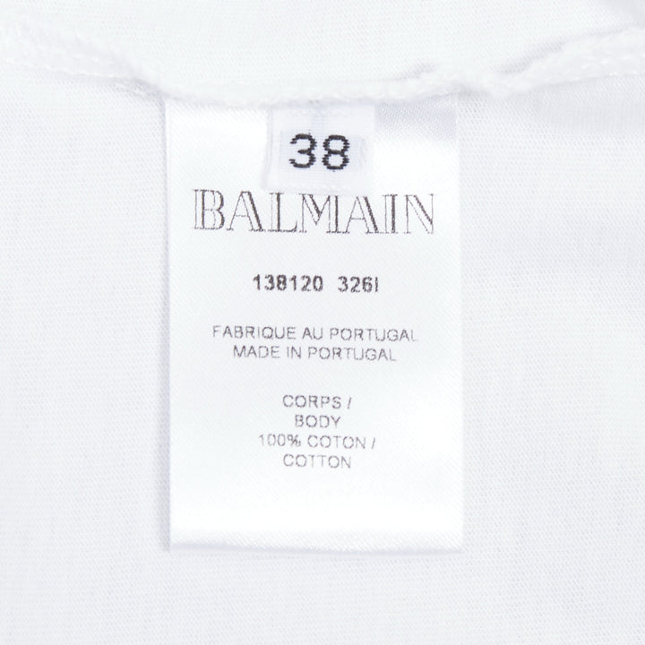 BALMAIN white metallic gold foil logo print button shoulder tshirt FR38 M