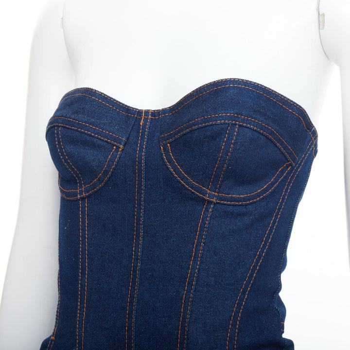 DAVID KOMA Corset Denim blue cotton cascade sides mini dress UK6 XS