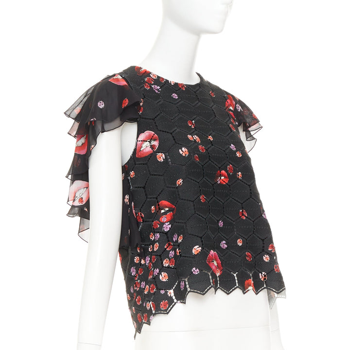 GIAMBA GIAMBATTISTA VALLI black red lady bugs lip embroidered  flutter top IT40