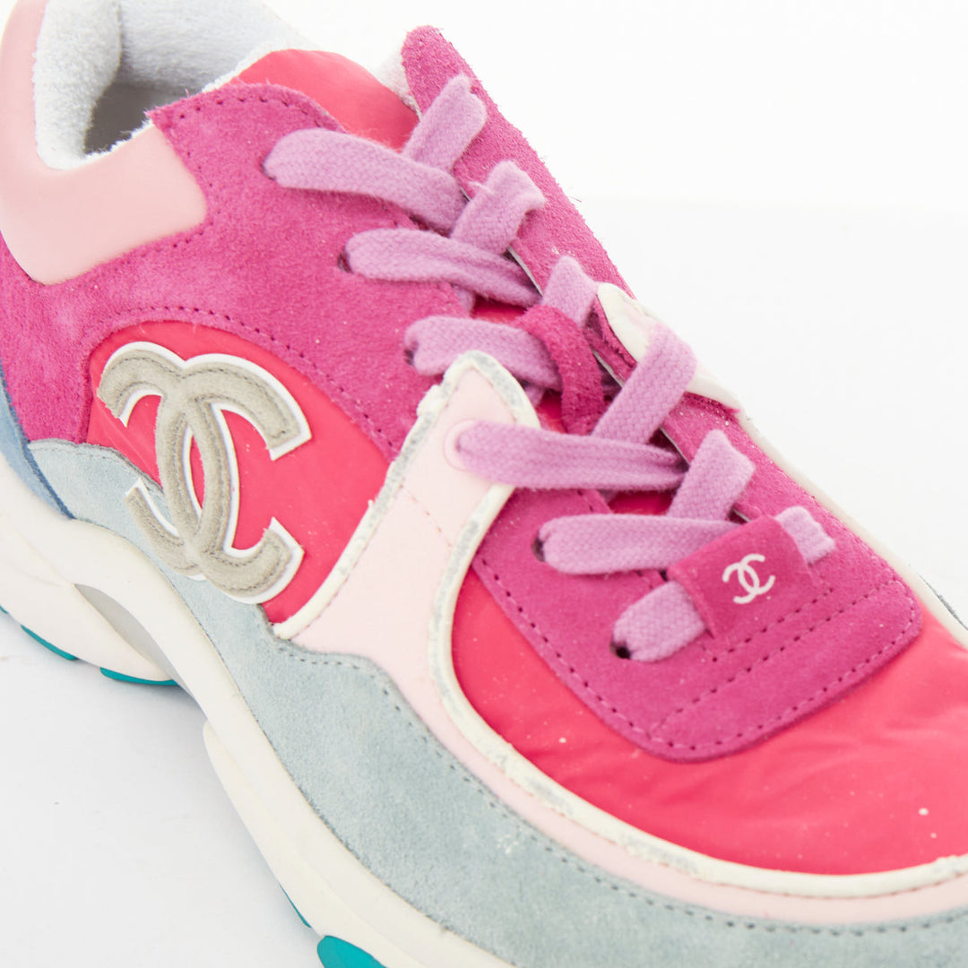 CHANEL 2018 pink blue suede fabric CC logo low top chunky sneakers EU38.5
