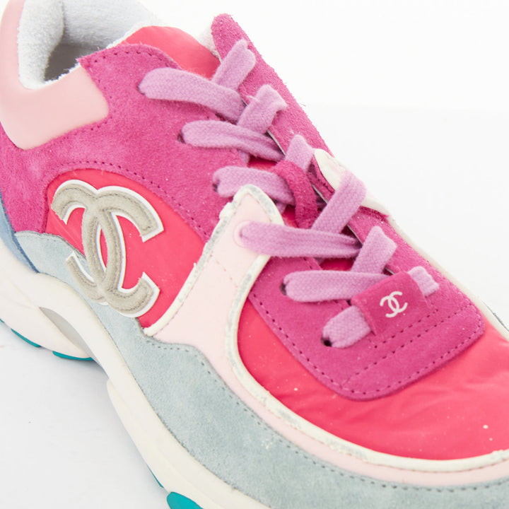 CHANEL 2018 pink blue suede fabric CC logo low top chunky sneakers EU38.5