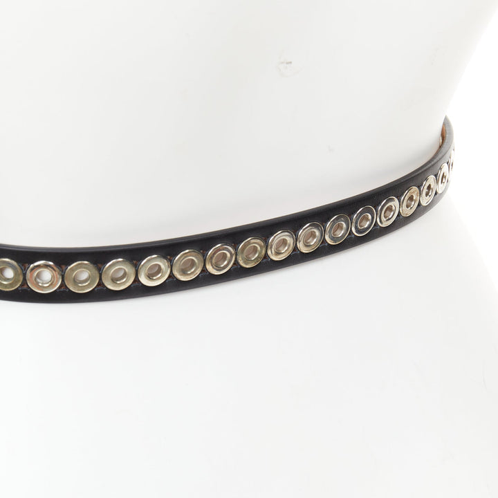 ALAIA Ovale black studded smooth calfskin leather waist belt grommet 65cm
